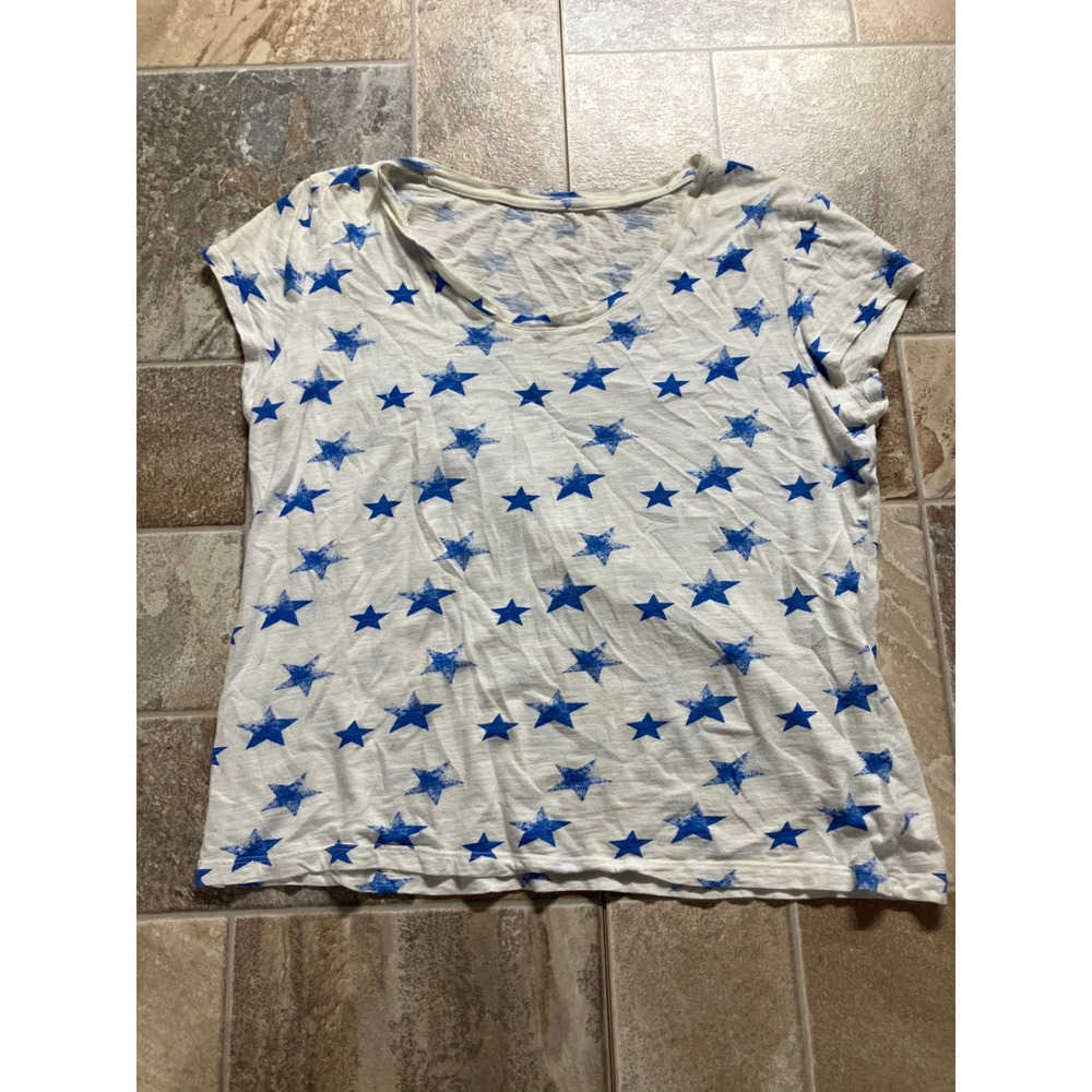White Blue Star Print V Neck Short Sleeve Casual T Shirt Top Women‎